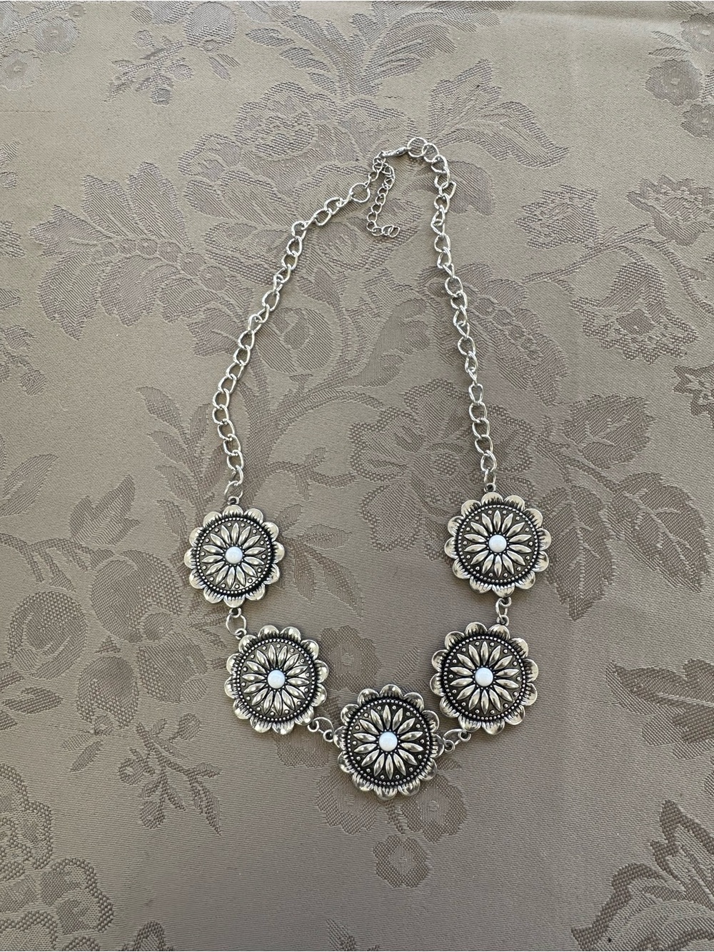 Ornate light gray medallion southwestern Necklace - White Accents